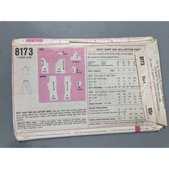 60s Simplicity 8173 Vintage Sewing Pattern Size 6 Boys Shirt Pants Vintage CUT - Picture 4 of 8